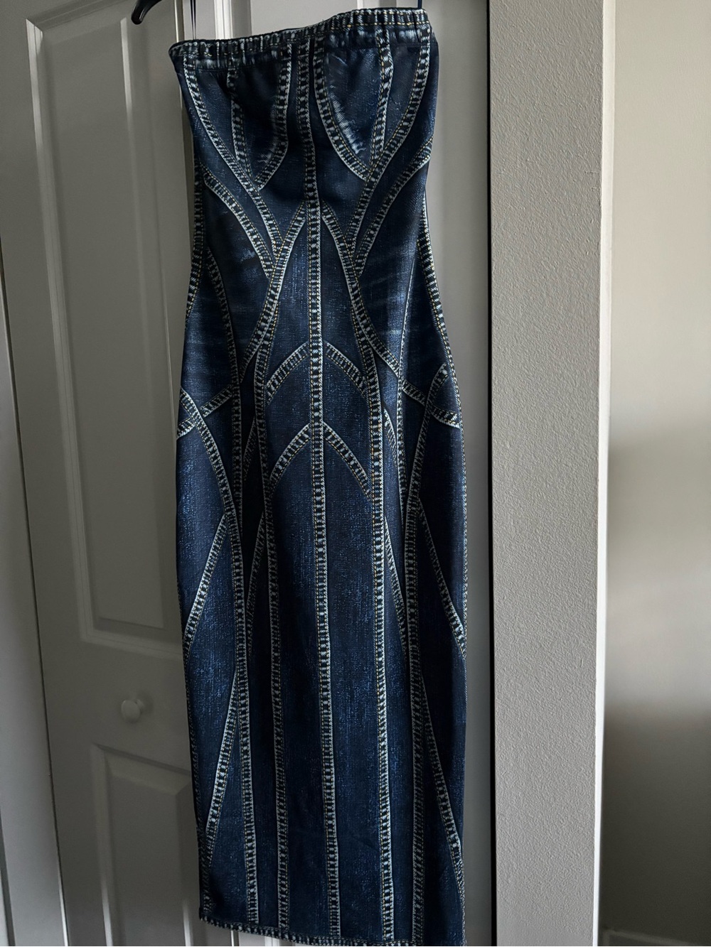 Her Bottari  Dark Blue Denim Strapless Midi Dress with Contrast Seams